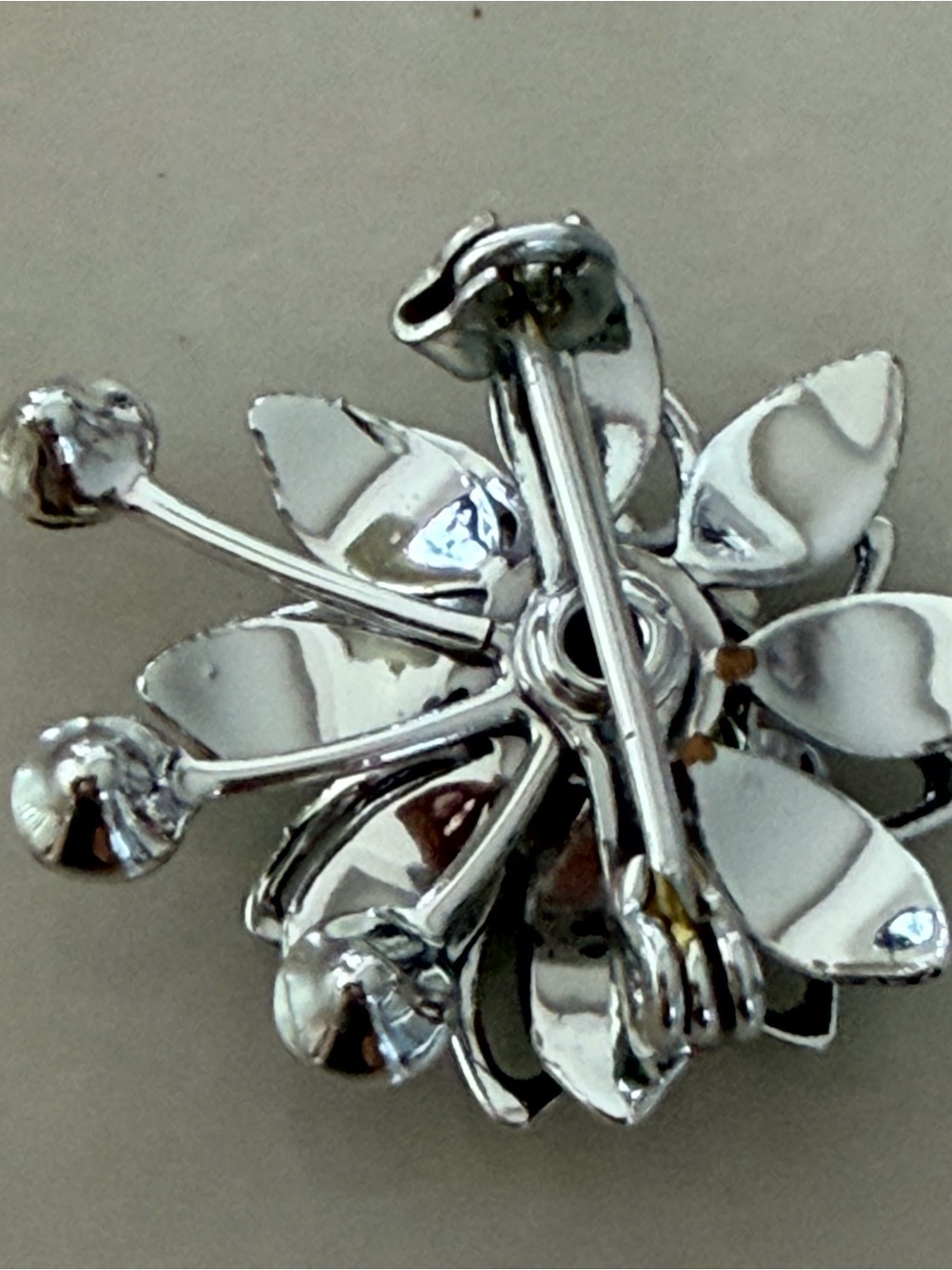 Vintage 60's 70's Flower Brooch Silver Black Enamel Dangle Pin Atomic Starburst - Picture 2 of 9